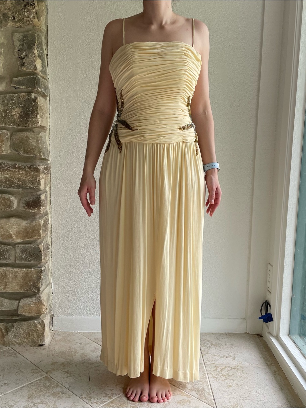 Ruben Panis 80s Ruched Cream Spaghetti-Strap Maxi Dress with Side Embellishments